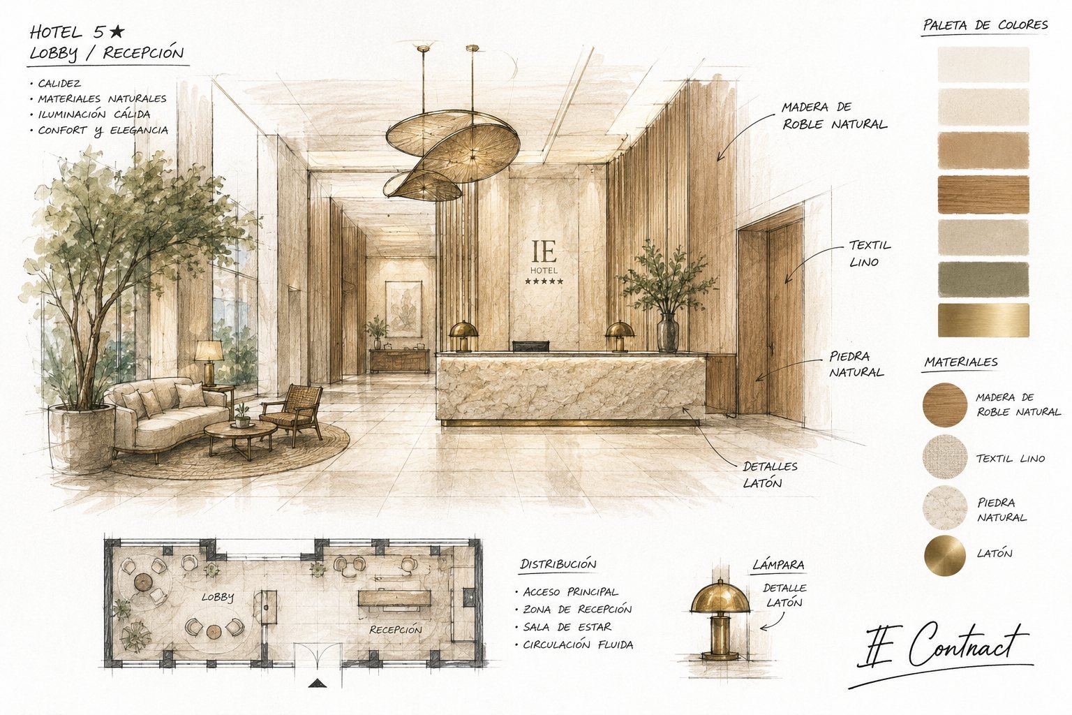 Boceto de concepto de interiorismo — lobby y recepción de hotel 5 estrellas — IE Contract
